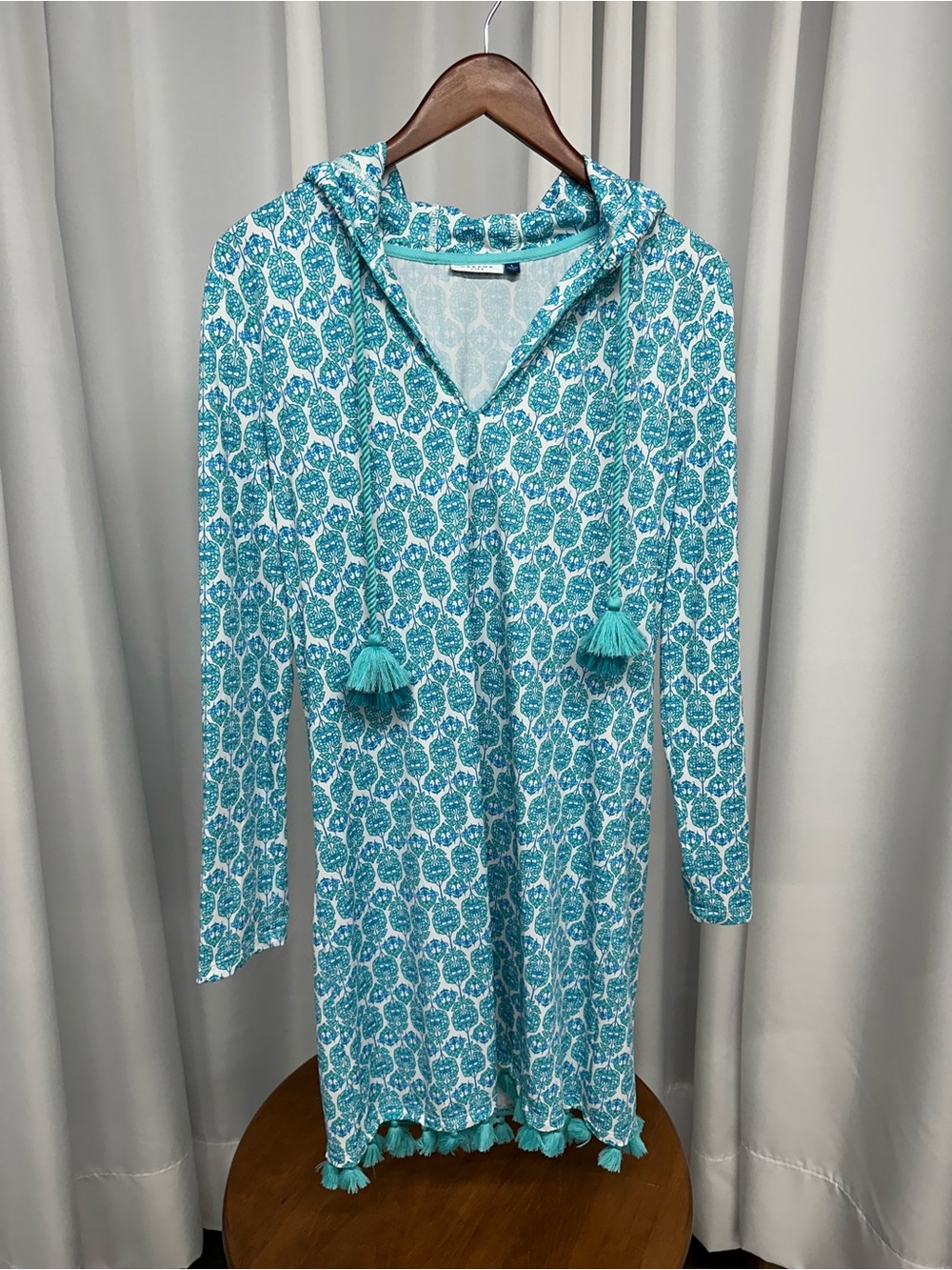 Cabana Life Teal Patterned Hooded Tassel swim cover up Dress large